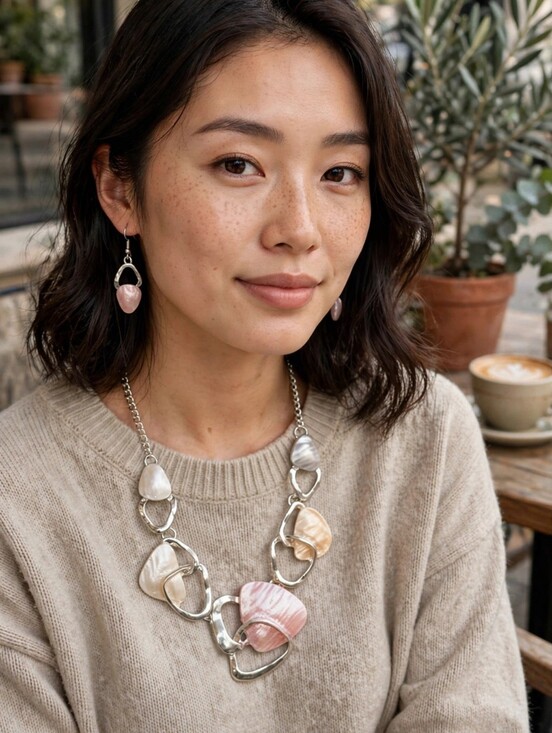 Source Unknown Jewelry - Pink Shell Statement Necklace Earrings Set Silver Tone Chunky Fashion Jewelry